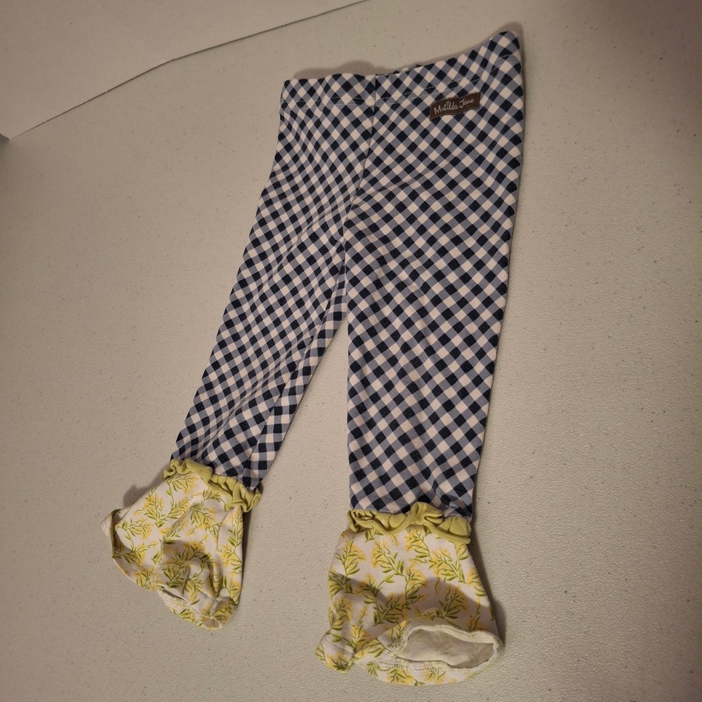 Matilda Jane‎ Gingham Ruffle Leggings Blue White Yellow Floral Kids Size 2